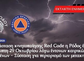 Σε κατάσταση κινητοποίησης Red Code η Ρόδος έως και την Πέμπτη 29 Οκτωβρίου λόγω έντονων καιρικών φαινομένων – Σύσταση για περιορισμό των μετακινήσεων