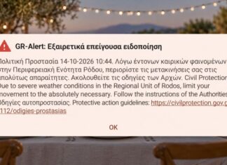 Μήνυμα του 112 στη Ρόδο για τα έντονα καιρικά φαινόμενα
